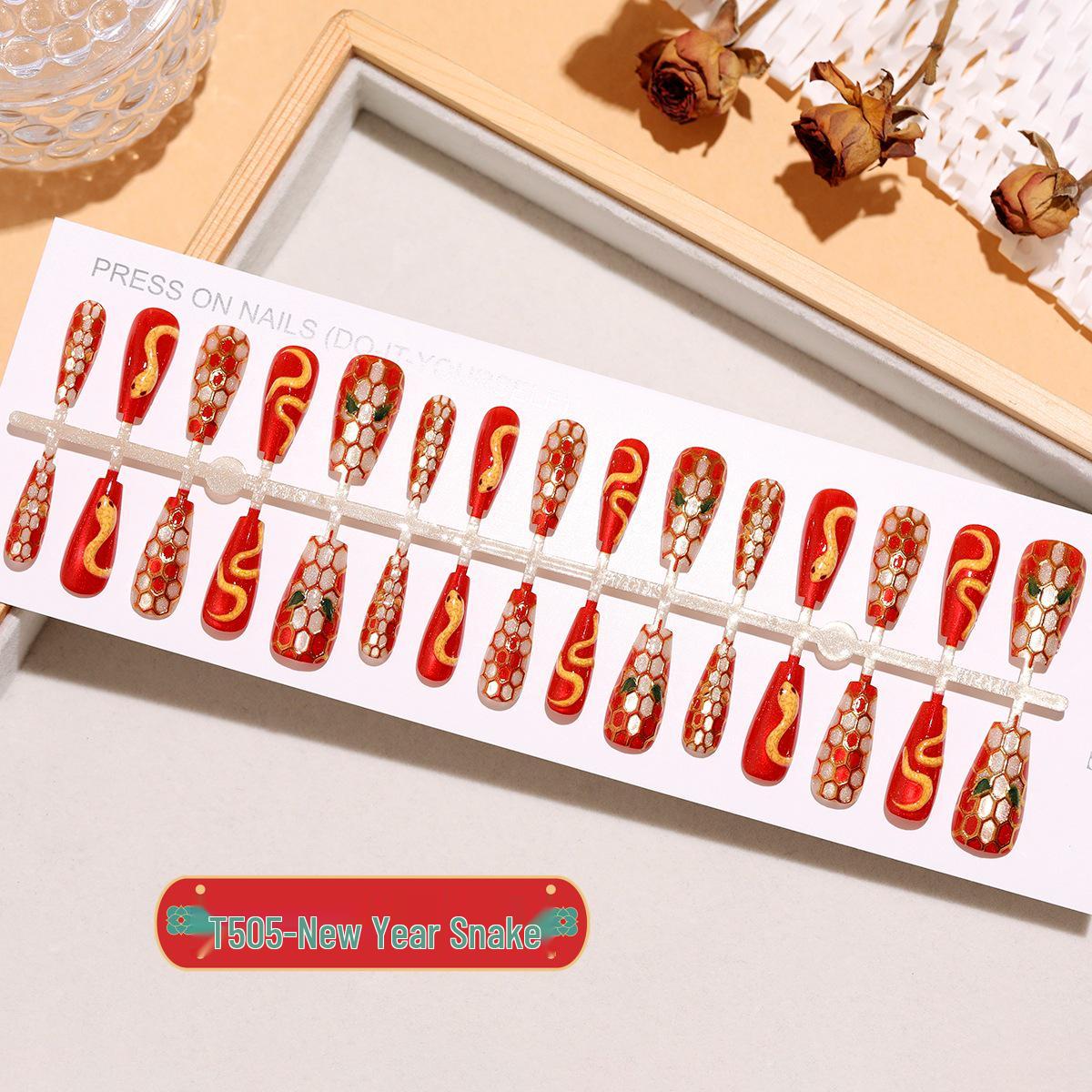 

T505# Праздничный золотой маникюр в виде змеи с чешуей и дизайном огня Full XS/S/M