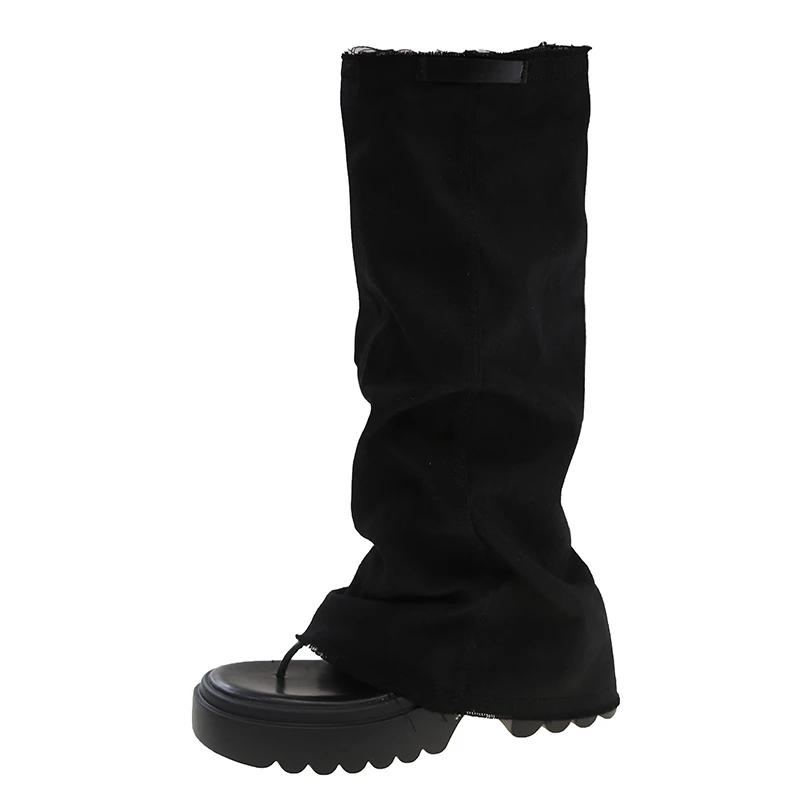 

Women s Fashion Boots Summer Thin Bottom Clip Toe Sandals Denim Pants Pipe Boots Comfortable Open Toe Height Increasing Sandals 35 чорний