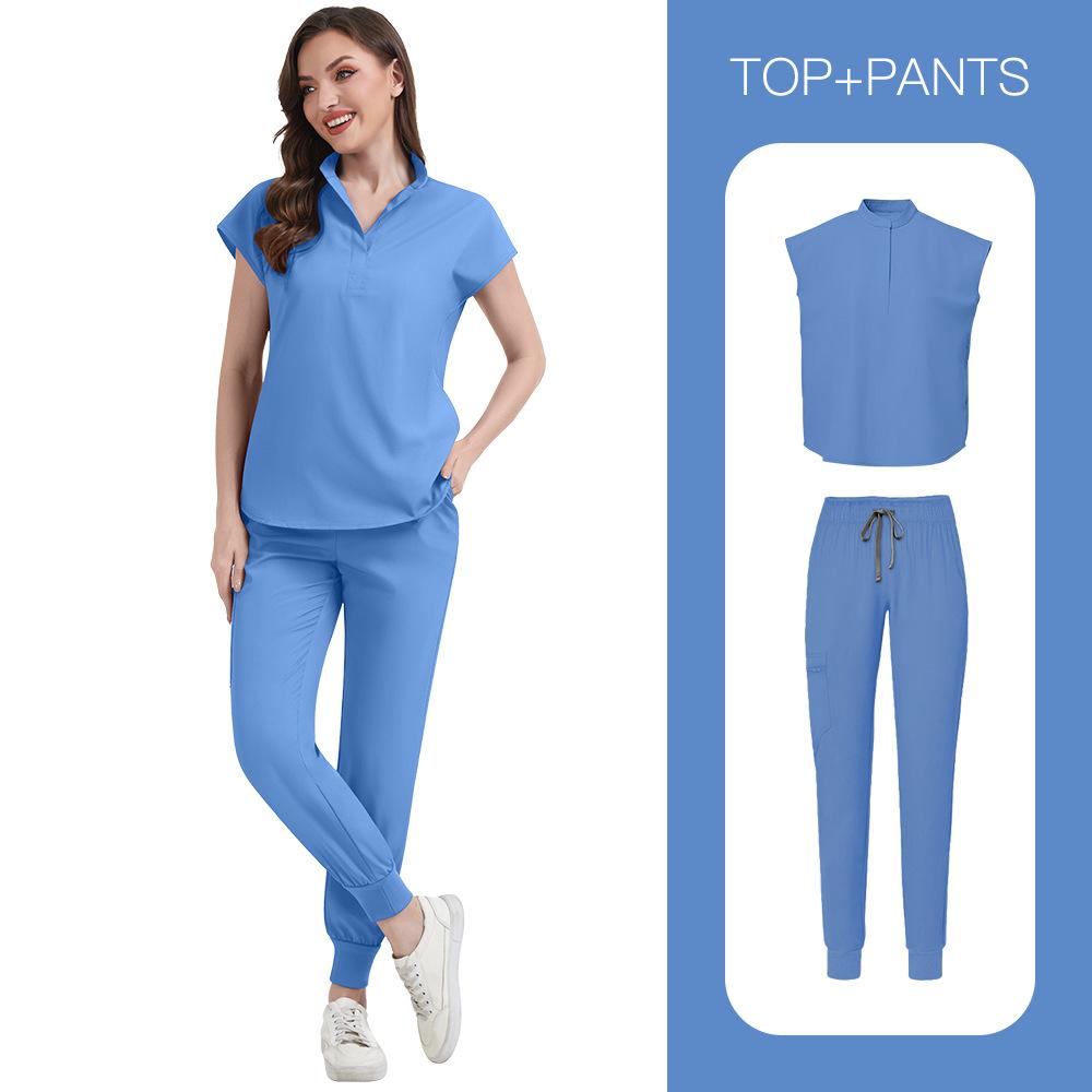 Women's Loose and Comfortable V-neck Short Sleeved Workwear with Multiple Pockets and Beauty Suit Set