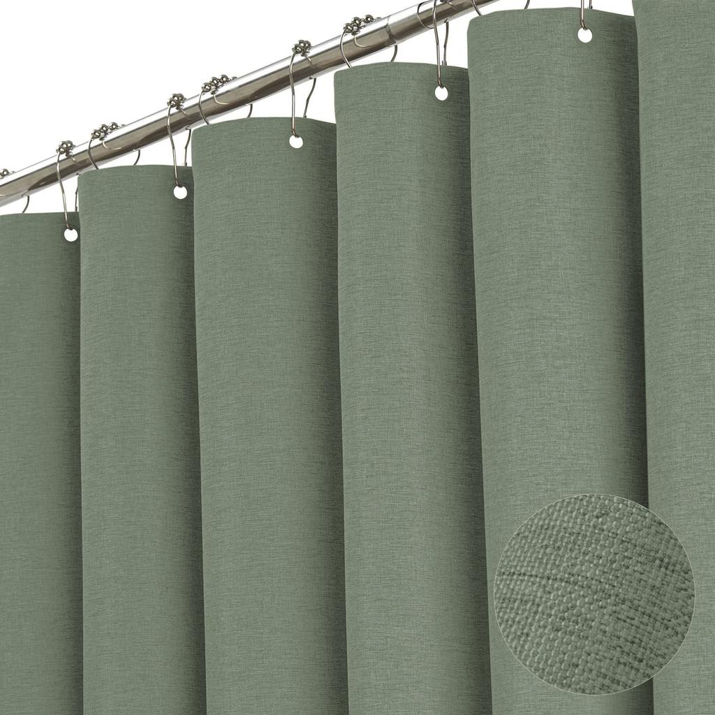 Linen Look Shower Curtain - Thick & Waterproof Bathroom Fabric with Plastic Hooks