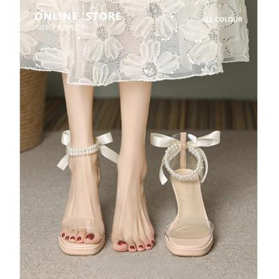 Französische Perle Transparente Sandalen Damen Sommer Dicker Absatz Kristallschuhe Wasserdichte Plattform High Heels