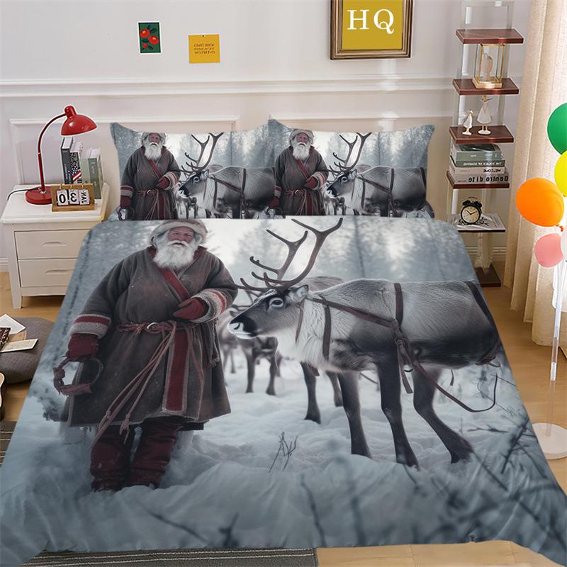 Jultomte Älg 3D-printad Polyester Kuddfodral Täcke Överdrag Två Eller Tre Delars Set