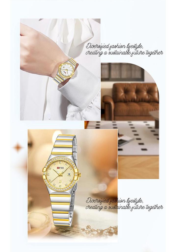 OFNS Women's Luxury Quartz Watch: Diamond-Inlaid Round Dial, Calendar, Waterproof, Luminous, Elegant Design.