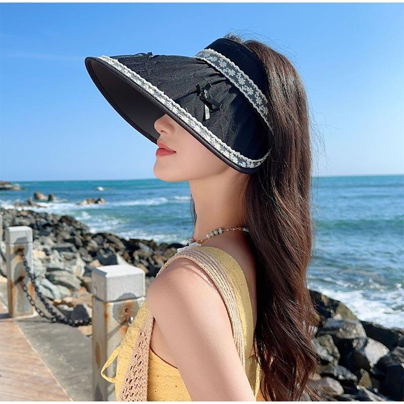 Beach Sun Protection Hat For Women Summer Big Brim Sun Protection Face Shading Beach Vacation Lace Bow Sun Protection Hat