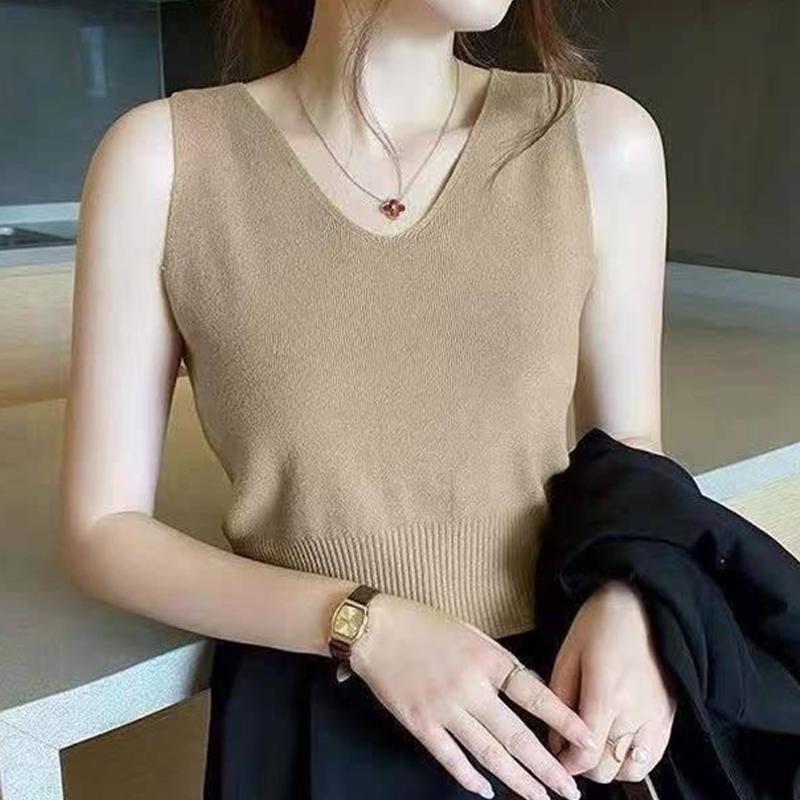 French Solid Color V-Neck Sleeveless Simple Casual Knitted Vest For Women