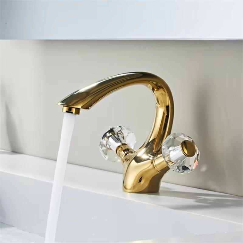 

Gold Tall Bathroom Faucet Brass Bathroom Basin Faucet Cold And Hot Water Mixer Sink Tap Double Handle Deck Mounted Lavotory Tap