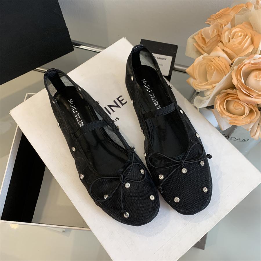 

Crystal Mesh Rhinestones Ballerina Flats Round Toe Mary Jane For Work Office Flats New Designer Non Slip Casual Walking Shoes 38