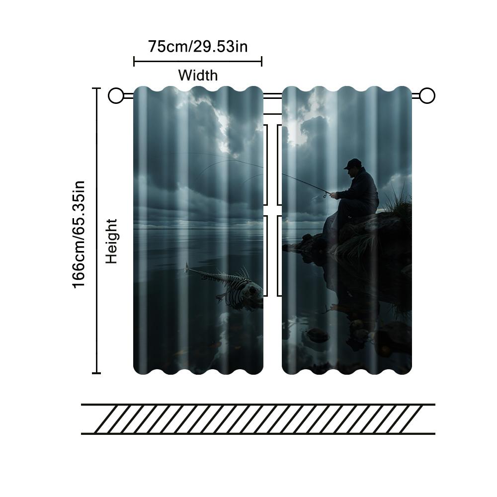 2 Pcs, Filtering Curtains (excluding Rods, Non-movable, Without Batteries) Fishing Enthusiast Skeleton Fish for Use In Bedrooms