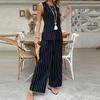 2 Piece Elegant Stripe Women's Vest Pant Suit O-neck Sleeveless Vest High Waist Wide Leg Pants