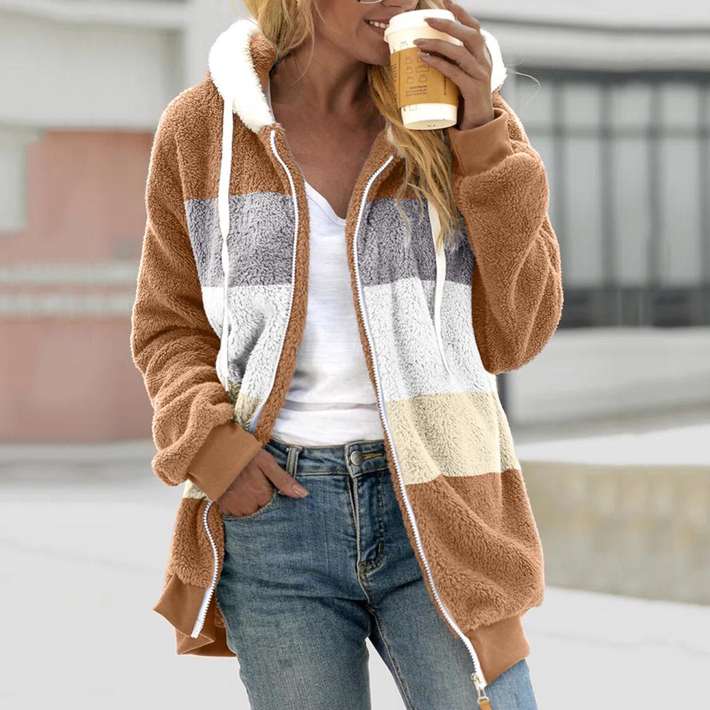 Women Color Block Fuzzy Fleece Hooded Jacket Full Zip Long Sleeve Plush Coat Casual Warm Outerwear S-5XL