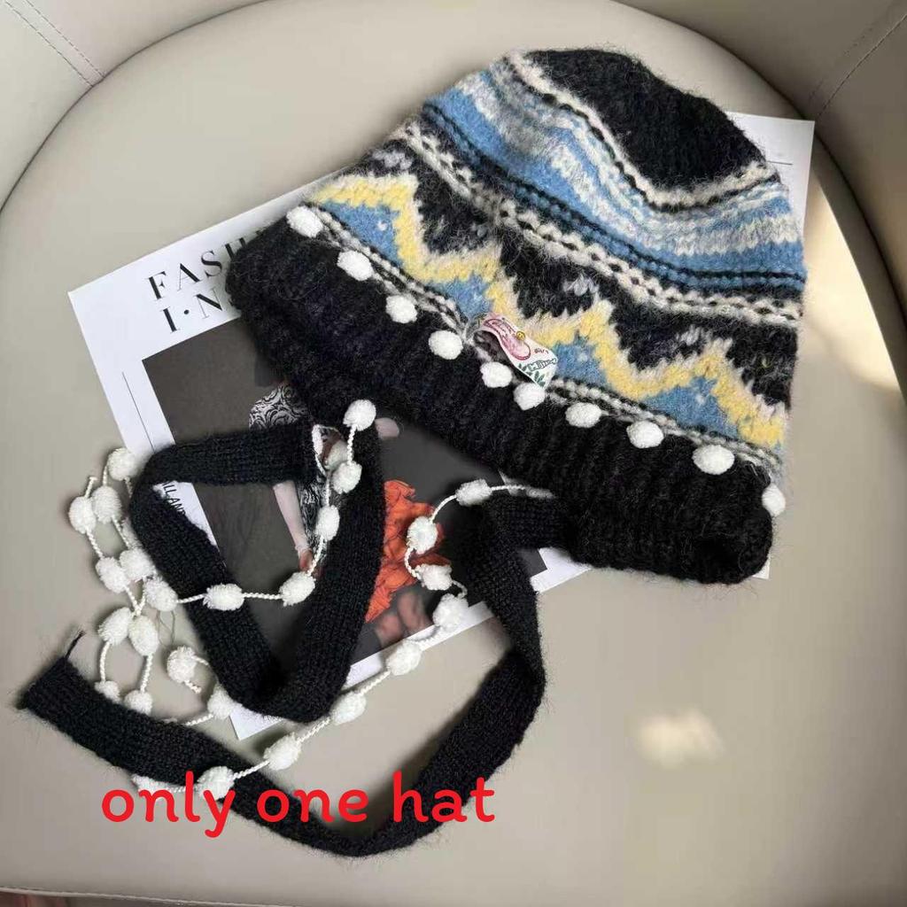 Fair Isle Vintage Knitted Beanie Hat For Women Winter Warmth And Ear Protection чёрный