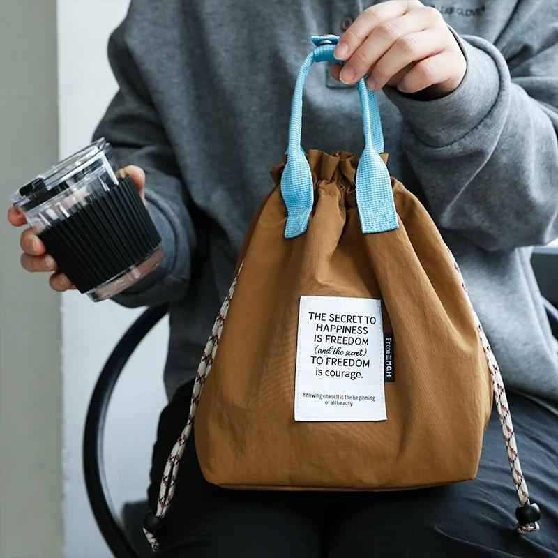 

Japanese Thermal Canvas Lunch Bags Drawstring Handheld Bento Box Bag Home Thermal Insulated Bag Student Solid Color Loncheras коричневый