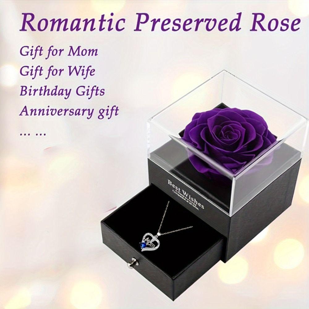 Romantic Heart Pendant Necklace with Artificial Rose Jewelry Gift Box Mother's Day Gift
