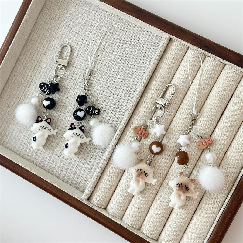 Cute Kitten Cat Fur Ball Bead Keychain Pendant Star Fish Charm Lanyard Girl Phone Chain Lovely Backpack Bag Ornament Couple Gift