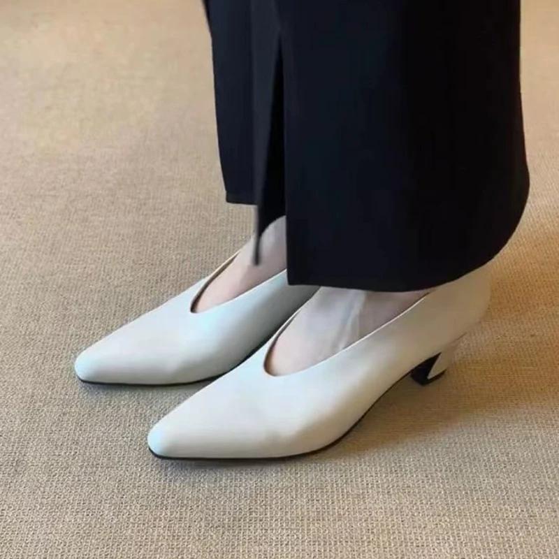 2025 Women's Loafers Leather Luxury Shoes Beige Heels Black Pumps Square Toe Elegant Mary Janes Shoes For Women