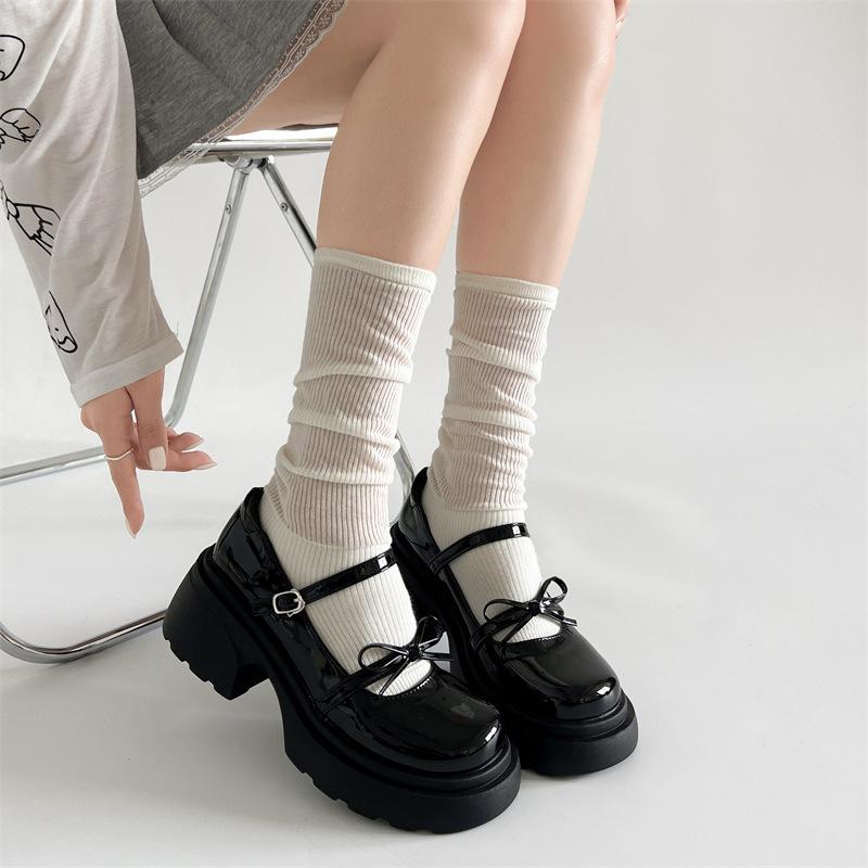 Schwarze Mary Jane High Heels mit dickem Absatz, Damen Sommer 2025, neue kleine Lederschuhe, französische Absatzhöhe, runde Spitze, flacher Ausschnitt, Einzelne Schuhe