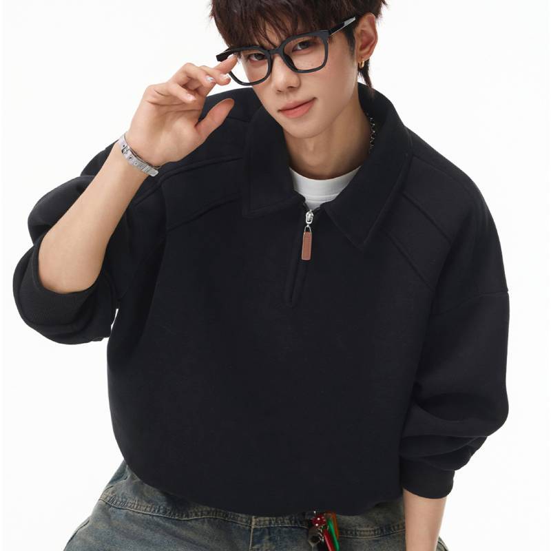 Classic American Style Polo Collar Sweatshirt For Men With Cotton Blend Comfortable Fit Casual Wear