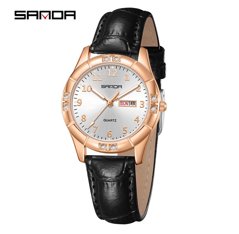 Sanda Junior High Student Retro Quartz Watch - Luminous, Dual Calendar, Waterproof, Sun Pattern, Fashionable Women's Style