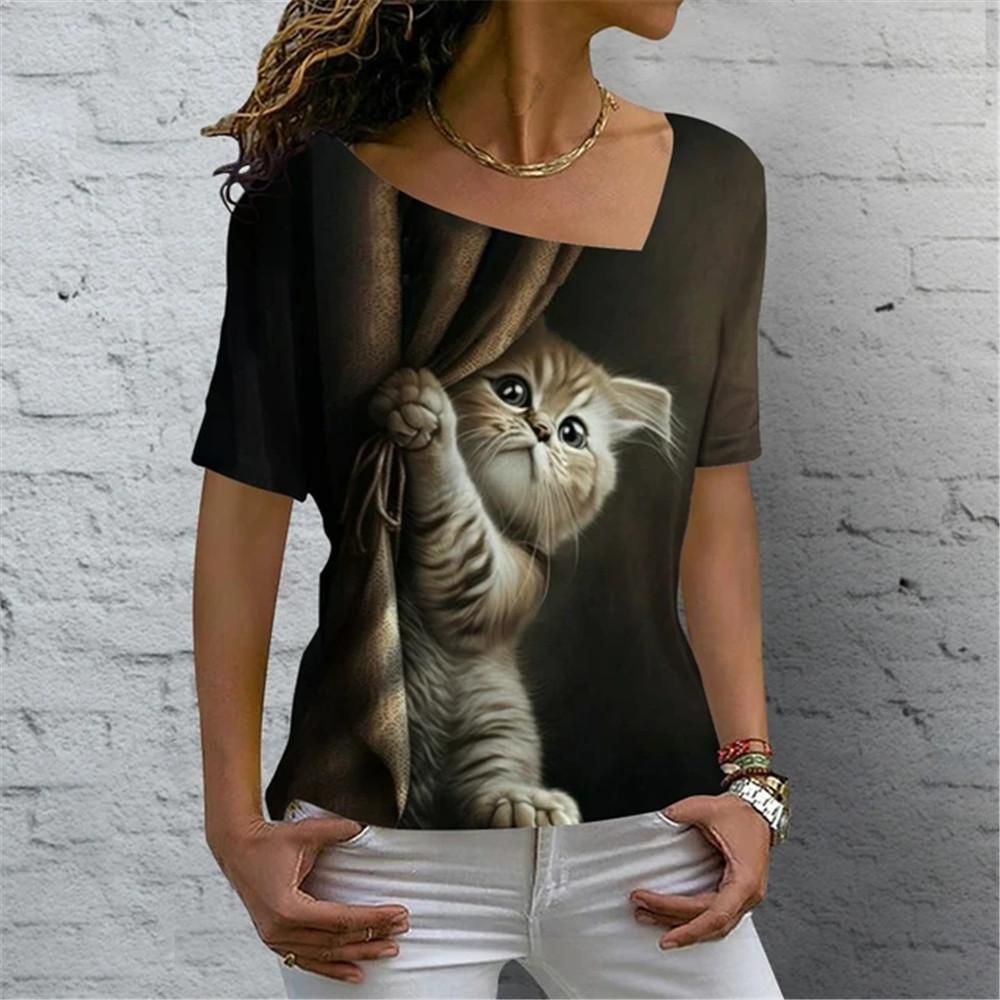 Sexy Scollo Obliquo Gatto Carino Stampa 3D Versatile T-shirt da Donna Vintage Harajuku Manica Corta Estiva Casual Abbigliamento Femminile