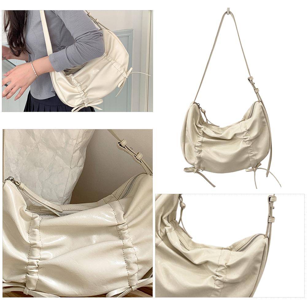 

Soft Pleated Bow Shoulder Bag Solid Color Fashion Handbag with Adjustable Strap Underarm Bag Trendy Crossbody Bag for Women