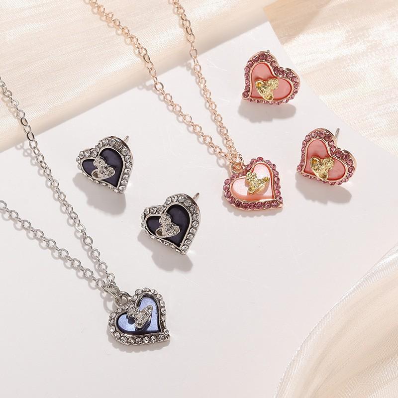 Empress Dowager NANA's Saturn Heart Mother-of-Pearl Necklace & Sweet Heart Stud Earrings Set