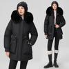 Pie overcome women's winter new waist and thin hooded big fur collar plush thickened short jacket padded jacket