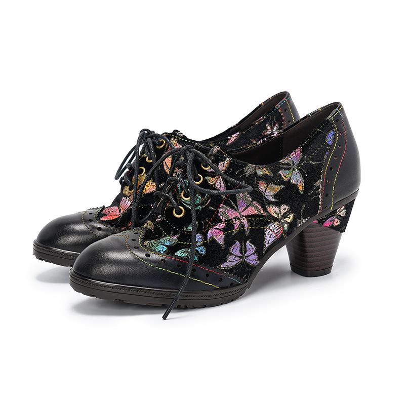 

Johnature Ethnic Style High-heeled Pumps Genuine Leather Patchwork Jacquard Fabric Thick Heel Women s Shoes 36 чёрный