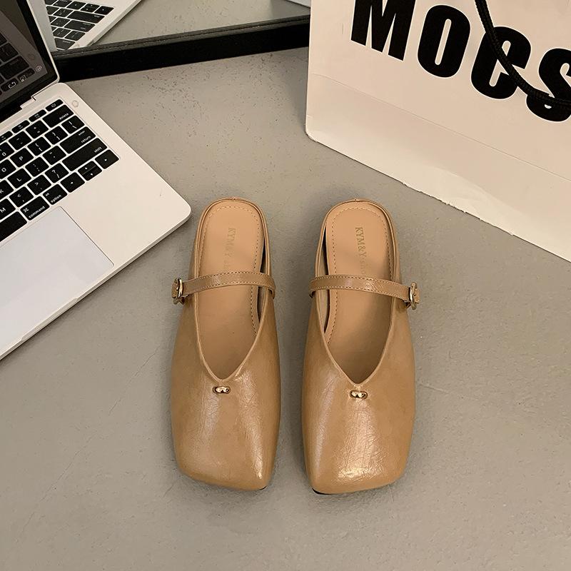 Flat-bottomed Mary Jane Bag Head Half Slippers Women's Outer Wear Spring New Soft-soled Square Head Shoes Sandals