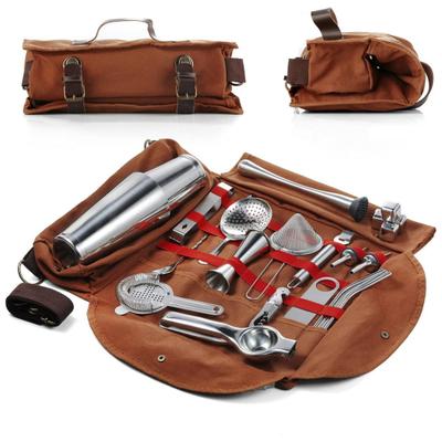 Portable Bartender Bag Travel Canvas Bar Kit Bag Large Capacity Multiple Compartments Bar Tools Carrying Bag