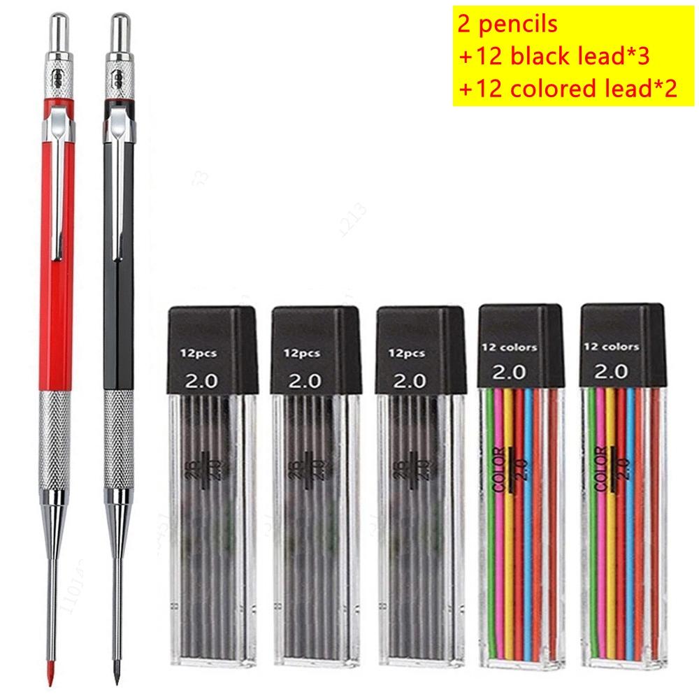 30mm Deep Hole Long Nib Mechanical Pencil Set Solid Carpenter Woodworking Tools 2.0mm 12 Colors Refill Construction Tools