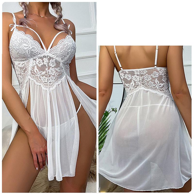 Ladies Summer Sexy Mesh See-through Lace Embroidered Sling Pajamas