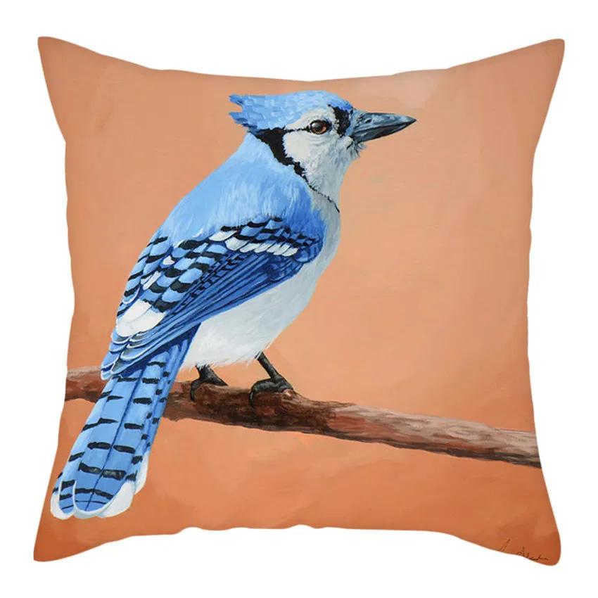 Animal Series Blue Bird Print Cushion Cover Art Painting Bird Polyester Pillow Case For Sofa Bed Pillow Cover Home Decor 45X45Cm