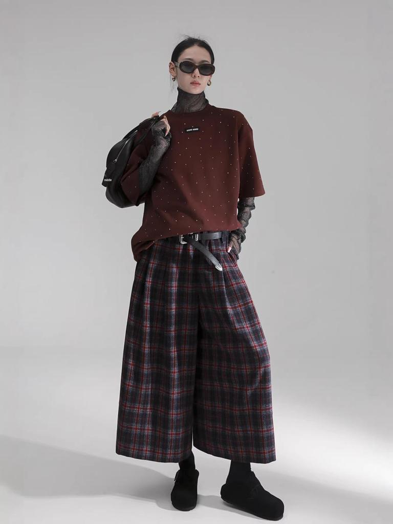 Neo-Modern Plaid Wide-Leg Wool Skirt-Pants for Women
