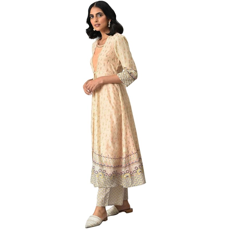 Aurelia Women's Beige Printed Front Open Gilet With Peach Inner Kurta And Beige Straight Palazzo_22AUD10439-503225_S