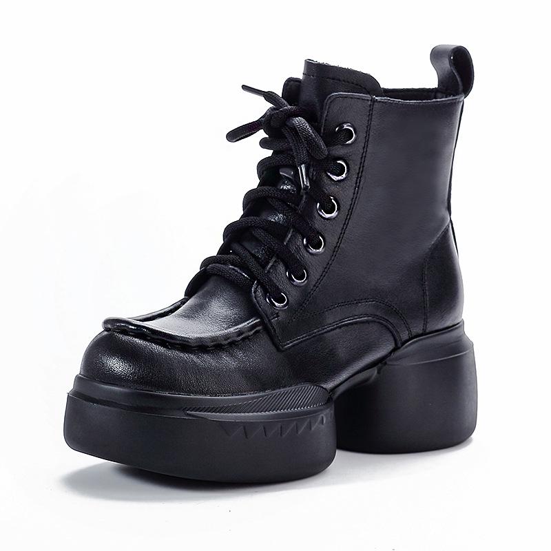 Genuine Leather Zippered Retro Platform Heel Women's Martin Boots