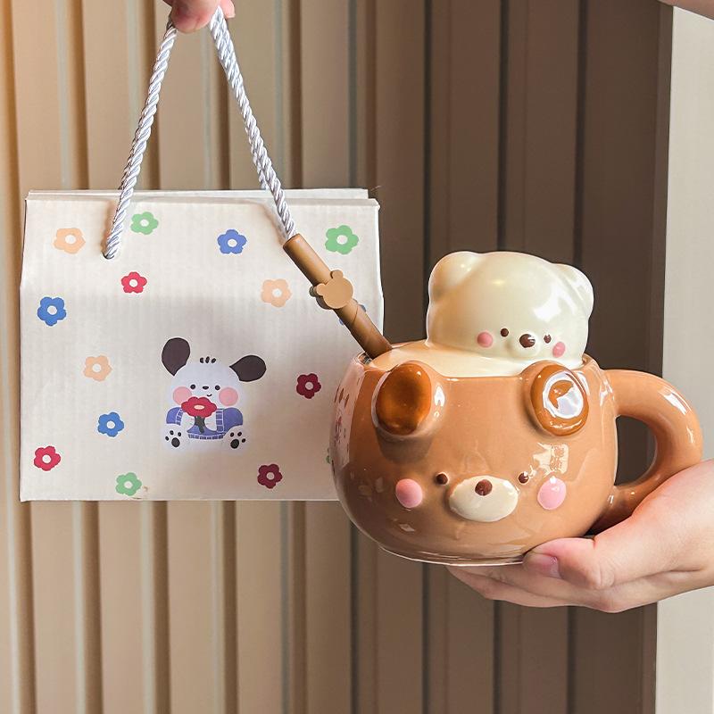 Cream Bear Cup Girls High-value Ceramic Mug with Lid Household Drinking Cup Birthday Gift Souvenir