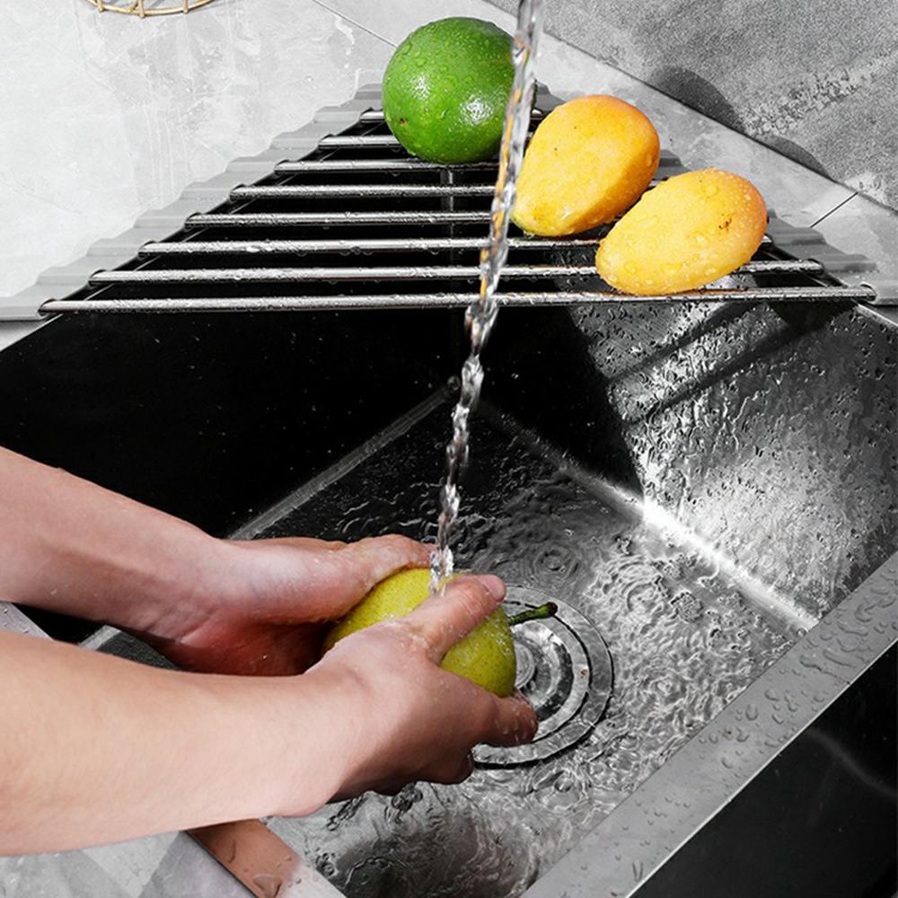 Foldable Stainless Steel Dish Drying Rack Sink Roll-Up Drainer Mat Multi-Function Kitchen Draining Basket