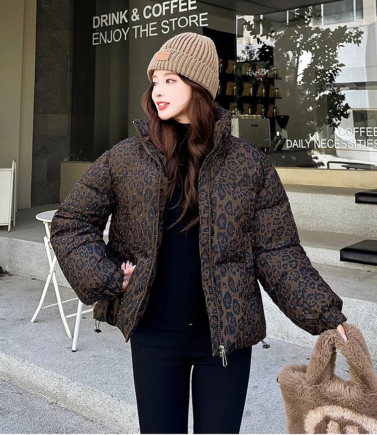 Women's Short Leopard Print Stand Collar Winter Jacket