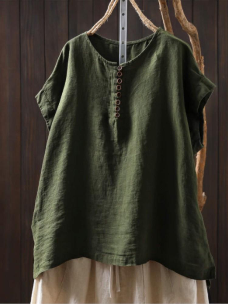 Johnature Women Vintage Button T-Shirts Solid Color O-Neck Sleeveless Summer Loose Button Female T-Shirts