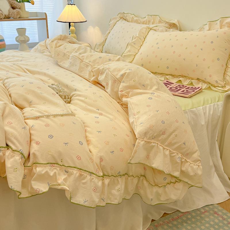 Sweet Flower Printed Bed Skirt Bedding Set Skin Friendly Cotton Nude Sleeping Comforter Set Class-A Twin Single Home Textile