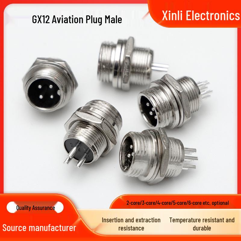 

GX12 Aviation Plug with Gold-Plated Pins for Low Resistance in Security Monitoring and Industrial Control. 2-pin Male