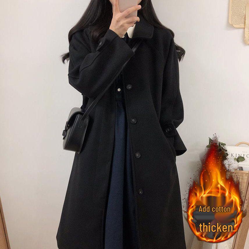 Women's Mid-Length Woolen Coat: Spring/Summer, Korean Style, Loose Fit, Versatile, Petite, Cotton-Enhanced