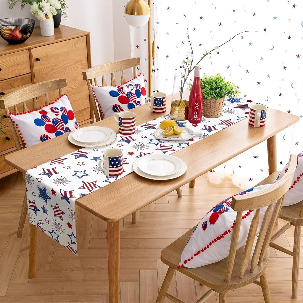 1pc 4th of July Vintage Star Table Runner, Premium Linen 2D Print, Decorative Table Cover for Living Room & Patio, American Flag