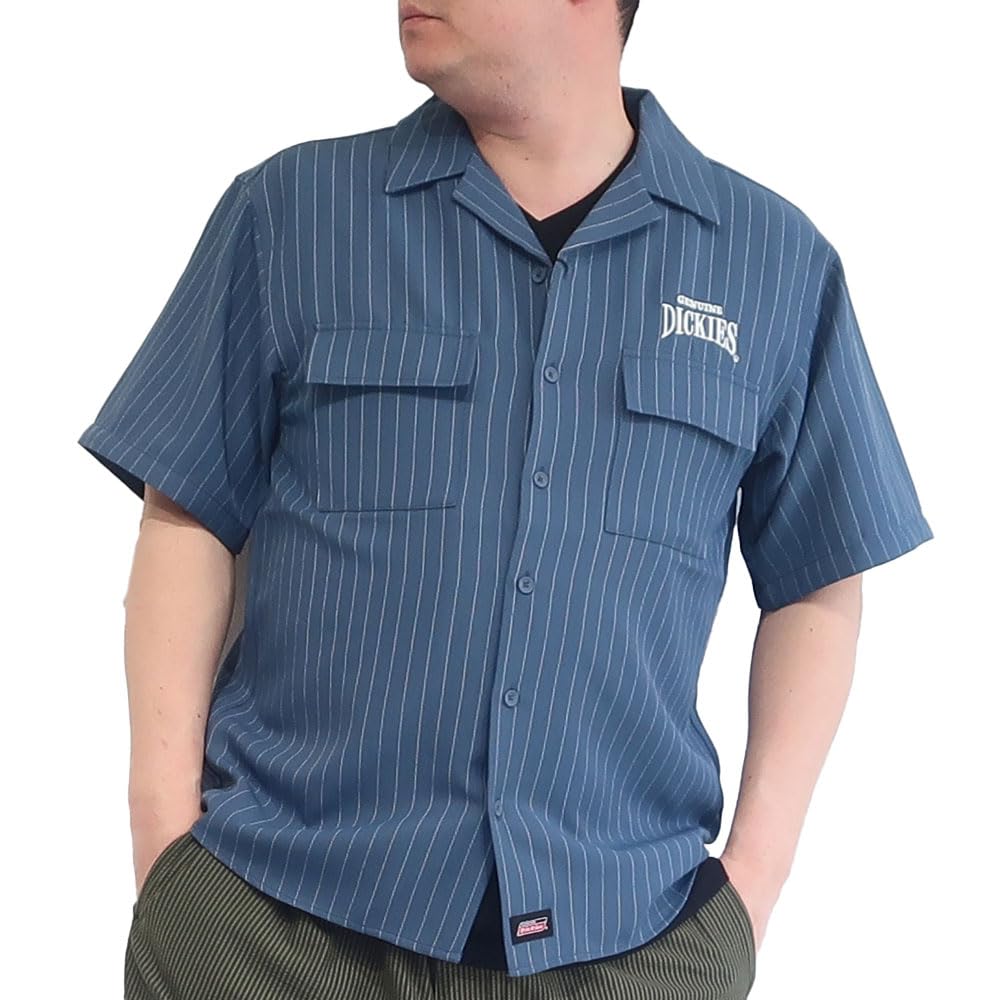 

Dickies Men s Short Sleeve Shirt, Striped, Open Collar, Blue, Black, Casual, Sizes M, L, XL, 10001912 (JP, Alphabet, M, BLUE)