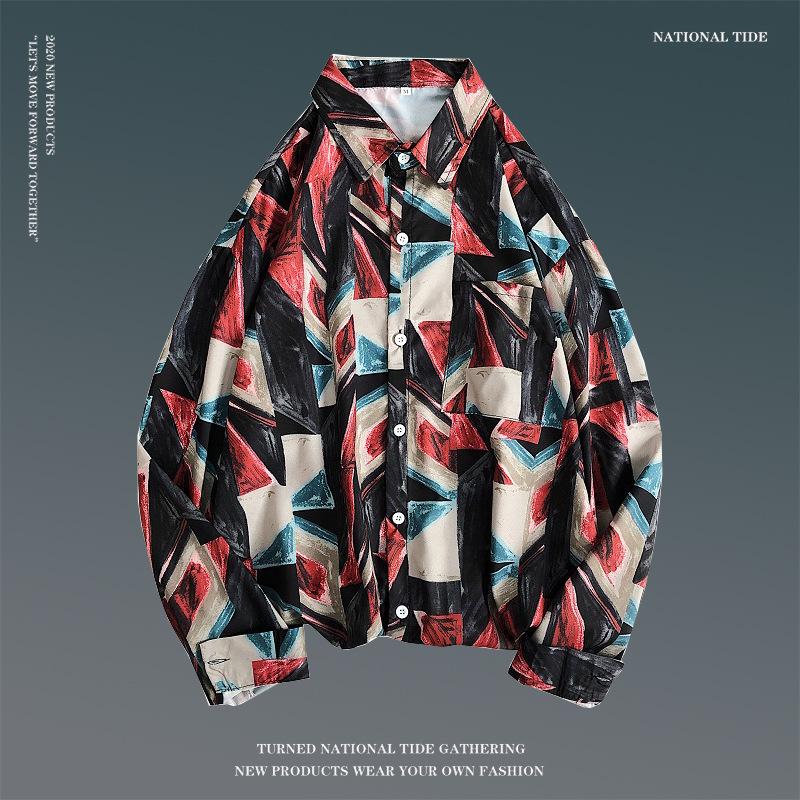 Camicia da Uomo Floreale Retro a Maniche Lunghe per la Primavera - Stile Coreano, Trendy, Versatile, Vestibilità Ampia, Top Stile Coppia Hong Kong.