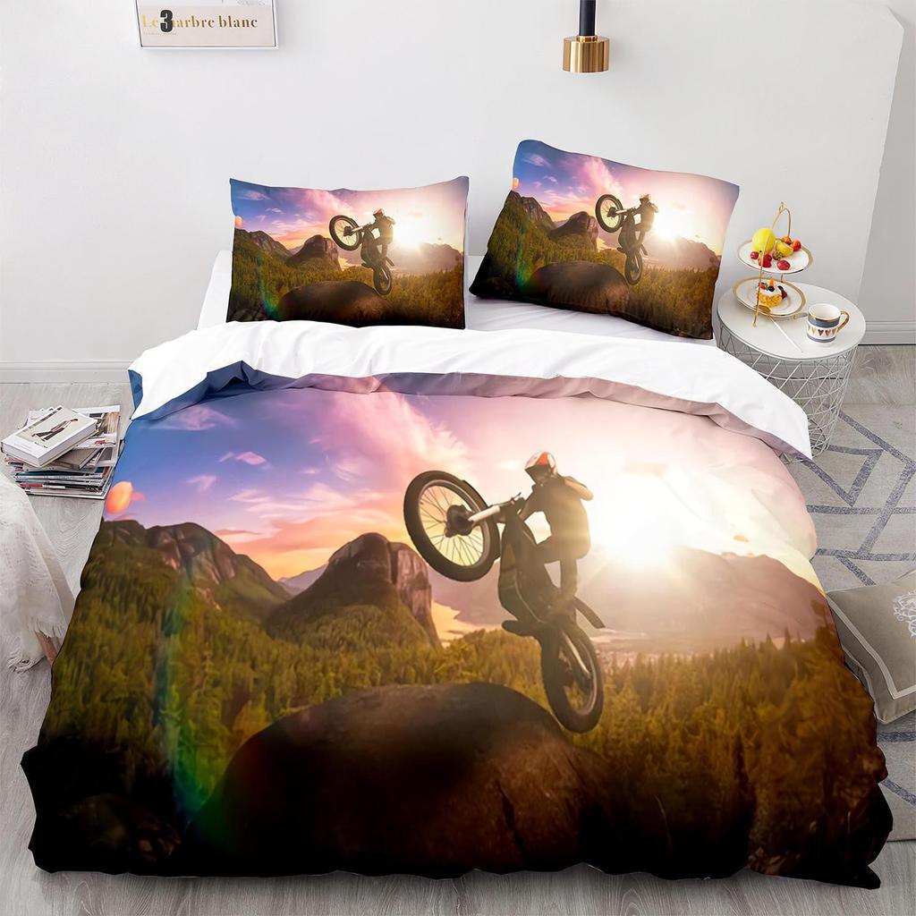 3D Digital Printing Three-Piece Set, Motorcycle Quilt Cover Bed Sheet Kit