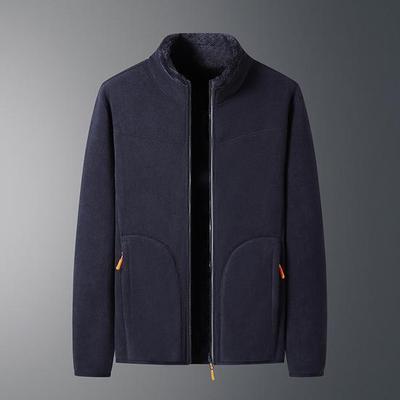 Fall Winter Men Jacket Stand Collar Zipper Closure Long Sleeve Thick Coral Fleece Cardigan Soft Pure Color Plus Size Cold Resistant Pockets Men Coat