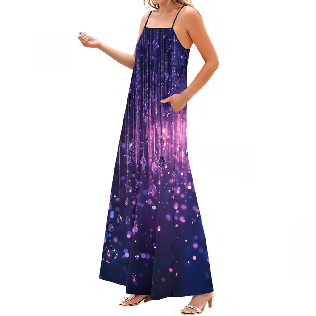 Women's Spring And Summer Casual Fashion Adjustable Suspenders Printed Long Dress