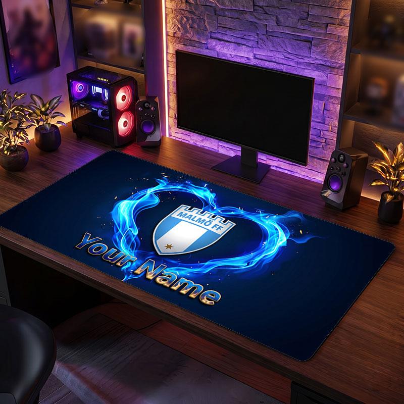 Malmö FF Custom Large Mouse Pad, Personalized Name Text Print, Football Logo Non‑Slip Desk Mat Gaming Gift