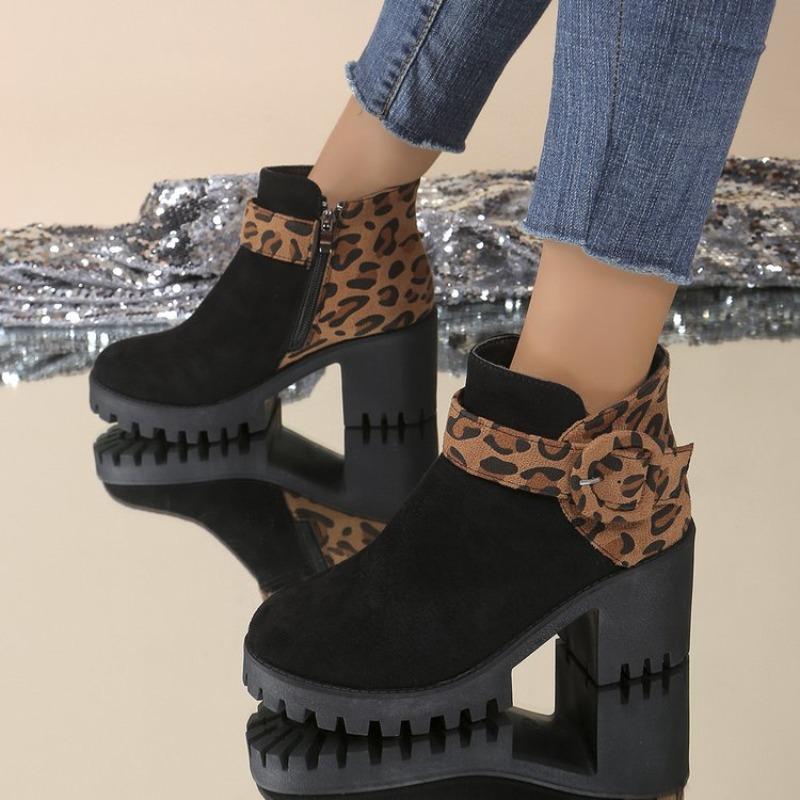 2026 Autumn/Winter New Large Thick High Heels Leopard Pattern Women's European and American Style Versatile Short Boots